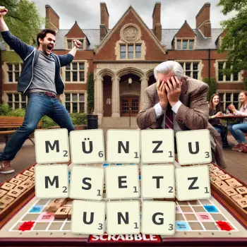 Kreative Illustration für ein Scrabble-Spiel, bei dem das Wort MÜNZUMSETZUNG mit Steinen auf dem Brett gelegt wurde.