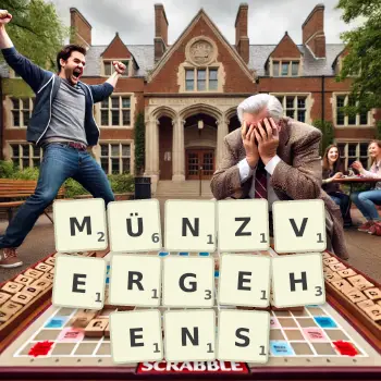 Kreative Illustration für ein Scrabble-Spiel, bei dem das Wort MÜNZVERGEHENS mit Steinen auf dem Brett gelegt wurde.