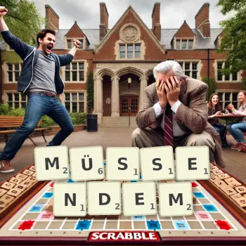 Kreative Illustration für ein Scrabble-Spiel, bei dem das Wort MÜSSENDEM mit Steinen auf dem Brett gelegt wurde.