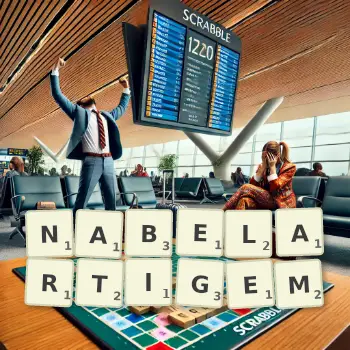 Kreative Illustration für ein Scrabble-Spiel, bei dem das Wort NABELARTIGEM mit Steinen auf dem Brett gelegt wurde.