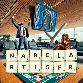 Kreative Illustration für ein Scrabble-Spiel, bei dem das Wort NABELARTIGER mit Steinen auf dem Brett gelegt wurde.