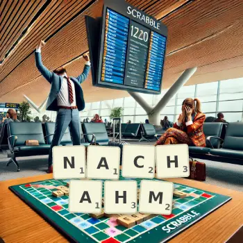 Kreative Illustration für ein Scrabble-Spiel, bei dem das Wort NACHAHM mit Steinen auf dem Brett gelegt wurde.