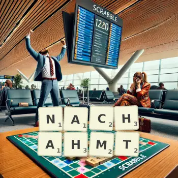 Kreative Illustration für ein Scrabble-Spiel, bei dem das Wort NACHAHMT mit Steinen auf dem Brett gelegt wurde.