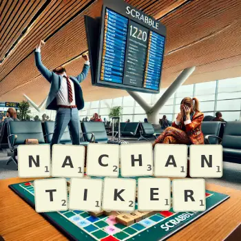Kreative Illustration für ein Scrabble-Spiel, bei dem das Wort NACHANTIKER mit Steinen auf dem Brett gelegt wurde.
