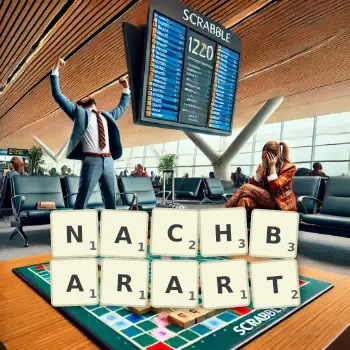 Kreative Illustration für ein Scrabble-Spiel, bei dem das Wort NACHBARART mit Steinen auf dem Brett gelegt wurde.