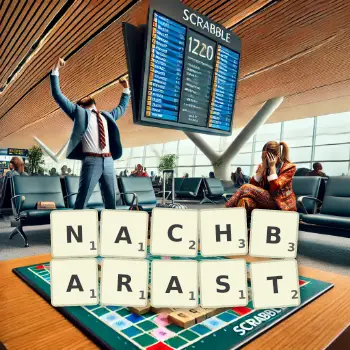 Kreative Illustration für ein Scrabble-Spiel, bei dem das Wort NACHBARAST mit Steinen auf dem Brett gelegt wurde.