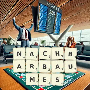 Kreative Illustration für ein Scrabble-Spiel, bei dem das Wort NACHBARBAUMES mit Steinen auf dem Brett gelegt wurde.