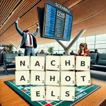 Kreative Illustration für ein Scrabble-Spiel, bei dem das Wort NACHBARHOTELS mit Steinen auf dem Brett gelegt wurde.