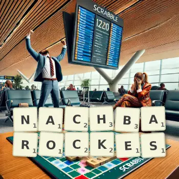 Kreative Illustration für ein Scrabble-Spiel, bei dem das Wort NACHBAROCKES mit Steinen auf dem Brett gelegt wurde.