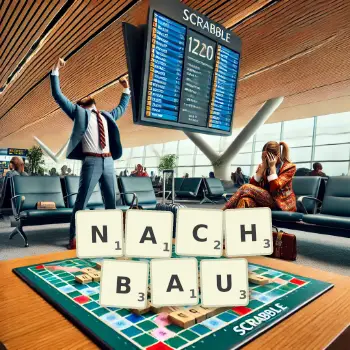 Kreative Illustration für ein Scrabble-Spiel, bei dem das Wort NACHBAU mit Steinen auf dem Brett gelegt wurde.