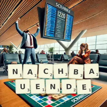 Kreative Illustration für ein Scrabble-Spiel, bei dem das Wort NACHBAUENDE mit Steinen auf dem Brett gelegt wurde.