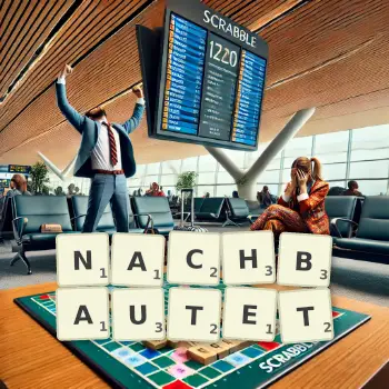 Kreative Illustration für ein Scrabble-Spiel, bei dem das Wort NACHBAUTET mit Steinen auf dem Brett gelegt wurde.
