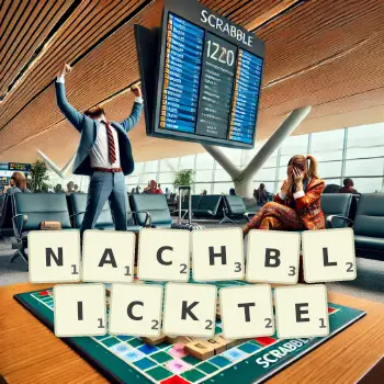 Kreative Illustration für ein Scrabble-Spiel, bei dem das Wort NACHBLICKTE mit Steinen auf dem Brett gelegt wurde.