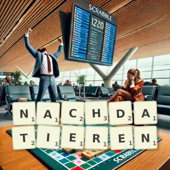 Kreative Illustration für ein Scrabble-Spiel, bei dem das Wort NACHDATIEREN mit Steinen auf dem Brett gelegt wurde.