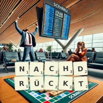 Kreative Illustration für ein Scrabble-Spiel, bei dem das Wort NACHDRÜCKT mit Steinen auf dem Brett gelegt wurde.