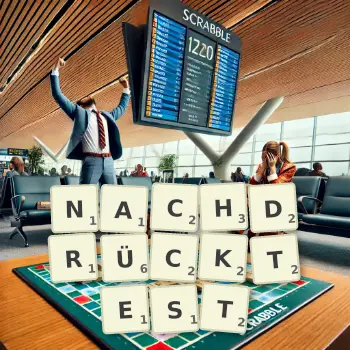 Kreative Illustration für ein Scrabble-Spiel, bei dem das Wort NACHDRÜCKTEST mit Steinen auf dem Brett gelegt wurde.
