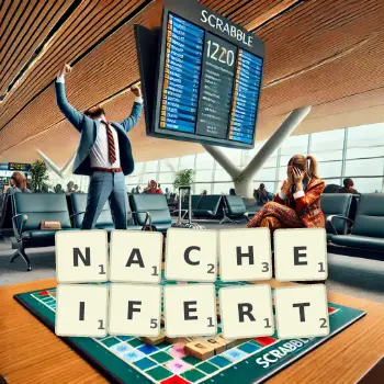 Kreative Illustration für ein Scrabble-Spiel, bei dem das Wort NACHEIFERT mit Steinen auf dem Brett gelegt wurde.