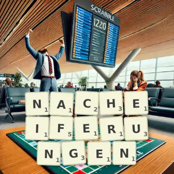 Kreative Illustration für ein Scrabble-Spiel, bei dem das Wort NACHEIFERUNGEN mit Steinen auf dem Brett gelegt wurde.