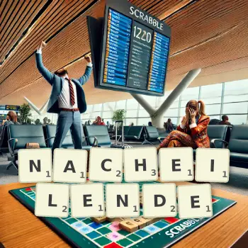 Kreative Illustration für ein Scrabble-Spiel, bei dem das Wort NACHEILENDE mit Steinen auf dem Brett gelegt wurde.