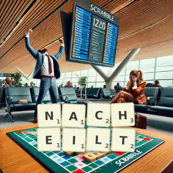 Kreative Illustration für ein Scrabble-Spiel, bei dem das Wort NACHEILT mit Steinen auf dem Brett gelegt wurde.