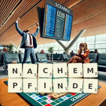 Kreative Illustration für ein Scrabble-Spiel, bei dem das Wort NACHEMPFINDE mit Steinen auf dem Brett gelegt wurde.