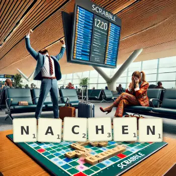 Kreative Illustration für ein Scrabble-Spiel, bei dem das Wort NACHEN mit Steinen auf dem Brett gelegt wurde.