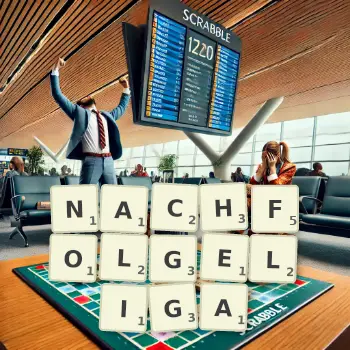 Kreative Illustration für ein Scrabble-Spiel, bei dem das Wort NACHFOLGELIGA mit Steinen auf dem Brett gelegt wurde.