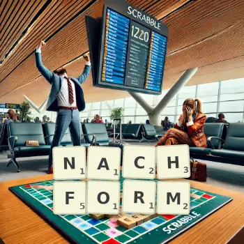 Kreative Illustration für ein Scrabble-Spiel, bei dem das Wort NACHFORM mit Steinen auf dem Brett gelegt wurde.