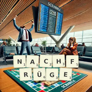 Kreative Illustration für ein Scrabble-Spiel, bei dem das Wort NACHFRÜGE mit Steinen auf dem Brett gelegt wurde.