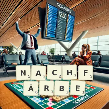 Kreative Illustration für ein Scrabble-Spiel, bei dem das Wort NACHFÄRBE mit Steinen auf dem Brett gelegt wurde.