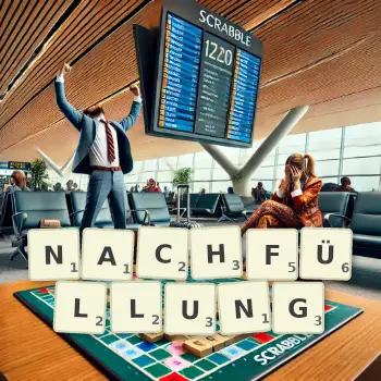 Kreative Illustration für ein Scrabble-Spiel, bei dem das Wort NACHFÜLLUNG mit Steinen auf dem Brett gelegt wurde.