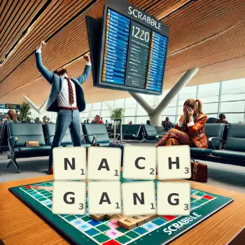 Kreative Illustration für ein Scrabble-Spiel, bei dem das Wort NACHGANG mit Steinen auf dem Brett gelegt wurde.