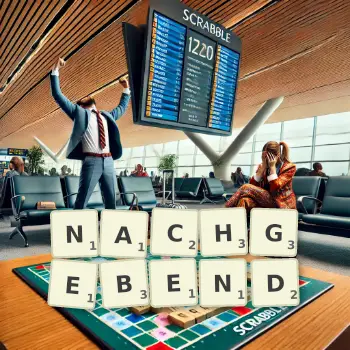 Kreative Illustration für ein Scrabble-Spiel, bei dem das Wort NACHGEBEND mit Steinen auf dem Brett gelegt wurde.