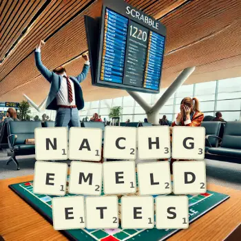 Kreative Illustration für ein Scrabble-Spiel, bei dem das Wort NACHGEMELDETES mit Steinen auf dem Brett gelegt wurde.
