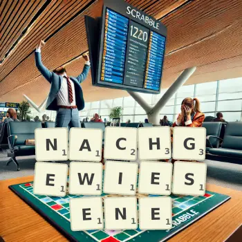 Kreative Illustration für ein Scrabble-Spiel, bei dem das Wort NACHGEWIESENE mit Steinen auf dem Brett gelegt wurde.