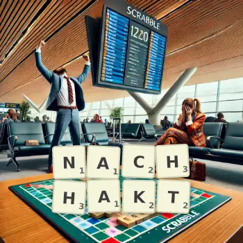 Kreative Illustration für ein Scrabble-Spiel, bei dem das Wort NACHHAKT mit Steinen auf dem Brett gelegt wurde.