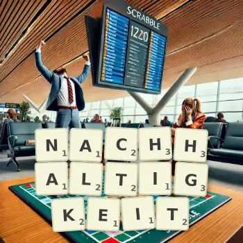 Kreative Illustration für ein Scrabble-Spiel, bei dem das Wort NACHHALTIGKEIT mit Steinen auf dem Brett gelegt wurde.