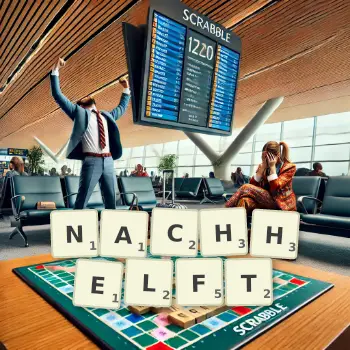 Kreative Illustration für ein Scrabble-Spiel, bei dem das Wort NACHHELFT mit Steinen auf dem Brett gelegt wurde.