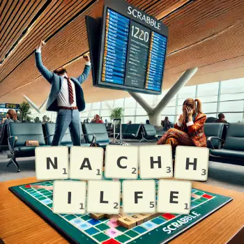 Kreative Illustration für ein Scrabble-Spiel, bei dem das Wort NACHHILFE mit Steinen auf dem Brett gelegt wurde.