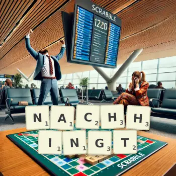 Kreative Illustration für ein Scrabble-Spiel, bei dem das Wort NACHHINGT mit Steinen auf dem Brett gelegt wurde.