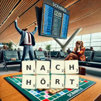 Kreative Illustration für ein Scrabble-Spiel, bei dem das Wort NACHHÖRT mit Steinen auf dem Brett gelegt wurde.