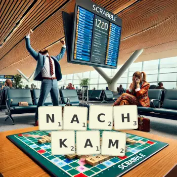 Kreative Illustration für ein Scrabble-Spiel, bei dem das Wort NACHKAM mit Steinen auf dem Brett gelegt wurde.