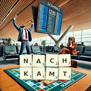 Kreative Illustration für ein Scrabble-Spiel, bei dem das Wort NACHKAMT mit Steinen auf dem Brett gelegt wurde.
