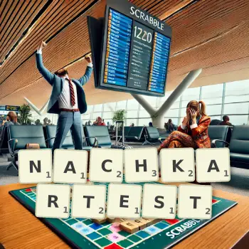 Kreative Illustration für ein Scrabble-Spiel, bei dem das Wort NACHKARTEST mit Steinen auf dem Brett gelegt wurde.