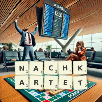 Kreative Illustration für ein Scrabble-Spiel, bei dem das Wort NACHKARTET mit Steinen auf dem Brett gelegt wurde.