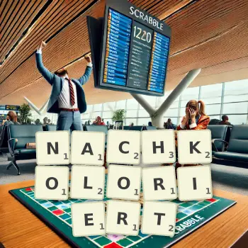 Kreative Illustration für ein Scrabble-Spiel, bei dem das Wort NACHKOLORIERT mit Steinen auf dem Brett gelegt wurde.
