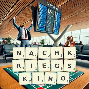 Kreative Illustration für ein Scrabble-Spiel, bei dem das Wort NACHKRIEGSKINO mit Steinen auf dem Brett gelegt wurde.