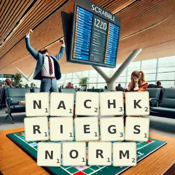Kreative Illustration für ein Scrabble-Spiel, bei dem das Wort NACHKRIEGSNORM mit Steinen auf dem Brett gelegt wurde.