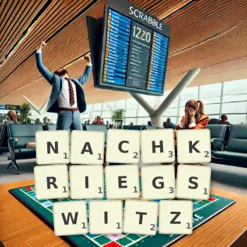 Kreative Illustration für ein Scrabble-Spiel, bei dem das Wort NACHKRIEGSWITZ mit Steinen auf dem Brett gelegt wurde.