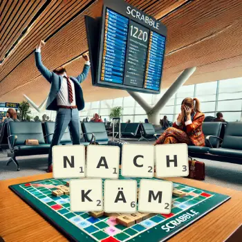 Kreative Illustration für ein Scrabble-Spiel, bei dem das Wort NACHKÄM mit Steinen auf dem Brett gelegt wurde.